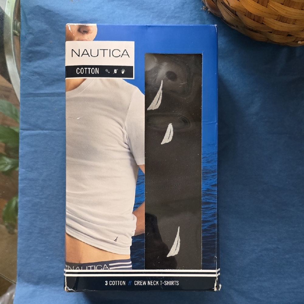 Nautica Black Crew Neck T-Shirts with White Sailboat Motif